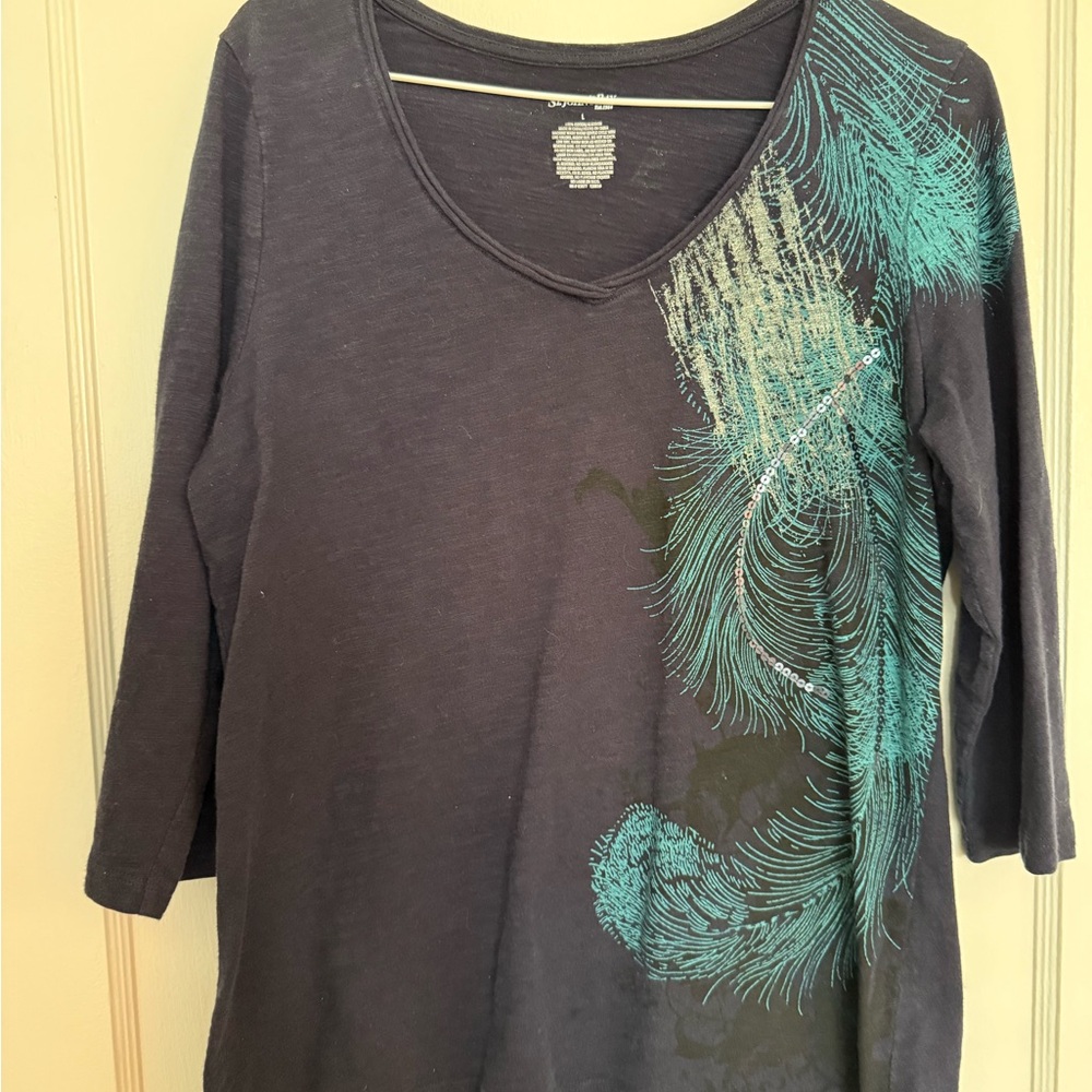 Women's Navy Top with Teal Feather Design